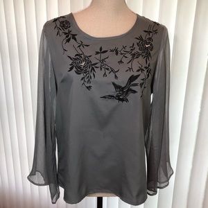 Embroidered grey top with sheer long sleeves SizeM